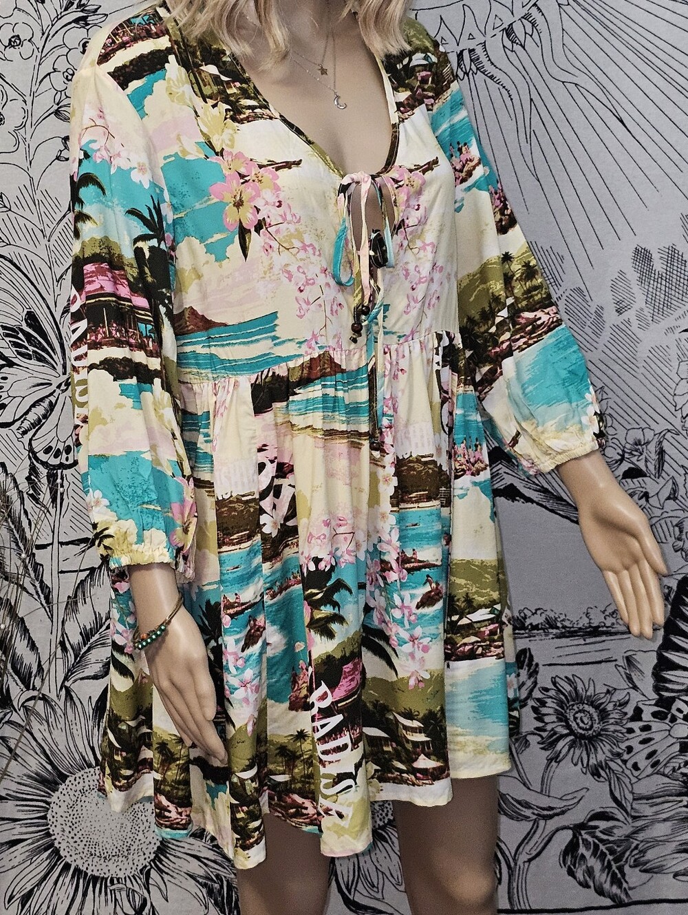 Label Of Love Small "Aloa" Tropical Print Tie-Front Mini Dress in Teal & Olive